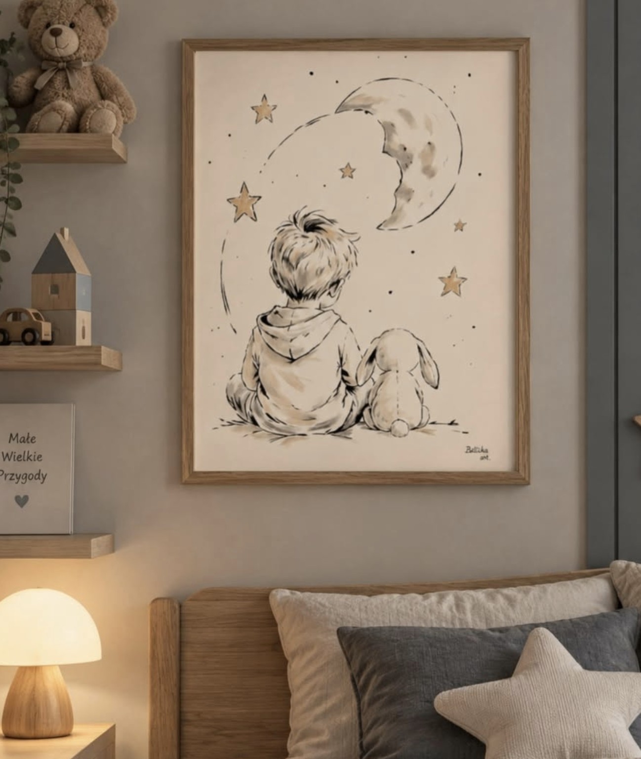 Ilustracja dziecka i królika pod księżycem w przykładowej aranżacji